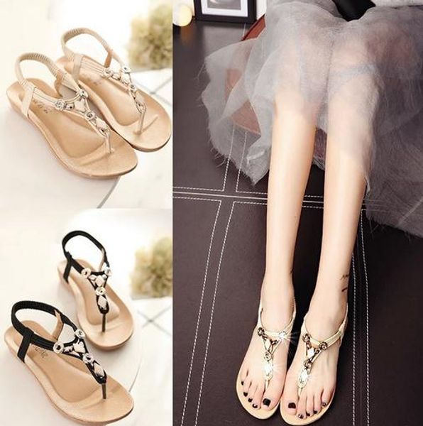 

new summer sandals ladies inlaid rhinestone flat soles sandals, Black