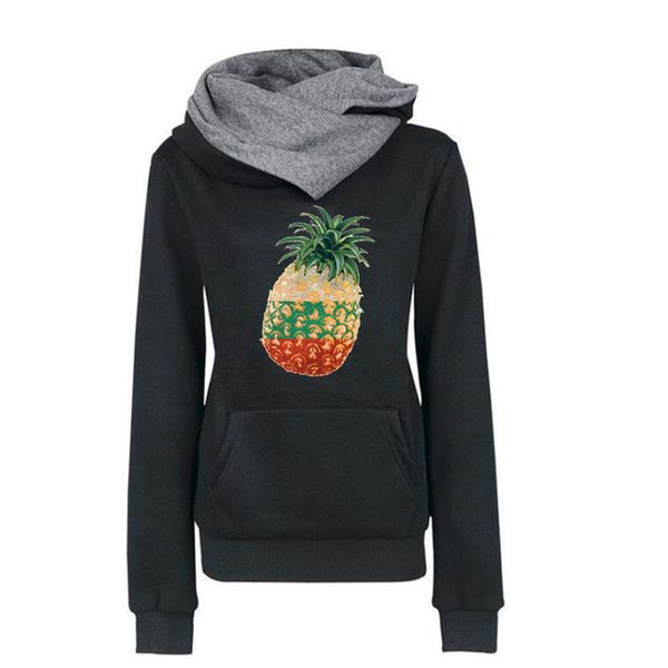 

2017 new women autumn winter pineapple bulgaria print fashion female lapel hoodie, Black