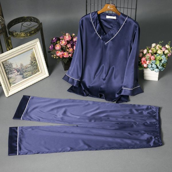 

wholesale- women's silk pajamas spring, summer, pure color, v-neck bathing suit silky satin pajamas nightdress long-sleeved pants 2 woo, Black;red