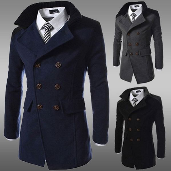 

wholesale- fashion 2016 brand winter long trench coat men good quality double breasted wool blend overcoat for men size 3xl, Tan;black