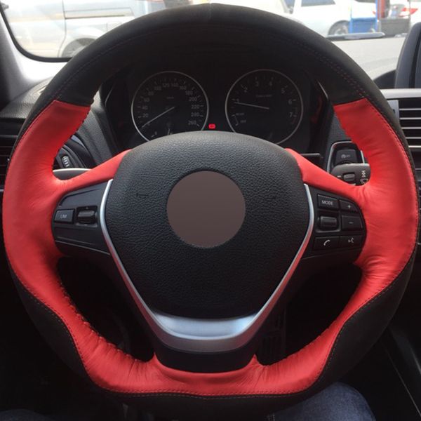 

black suede red genuine leather diy hand-stitched car steering wheel cover for bmw f30 320i 328i 320d f20