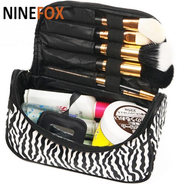

wholesale- new arrival lady brand makeup cosmetic bag nylon leather black white toiletry bag zebra travel handbag organizer