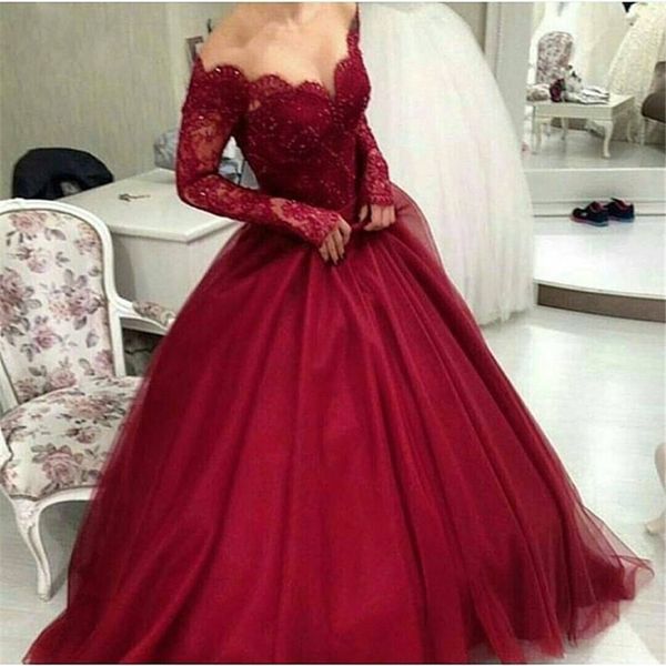 

arabic off the shoulder v-neck long sleeve prom dress beaded applique floor length ball gown burgundy evening dress vestidos de festa, Black