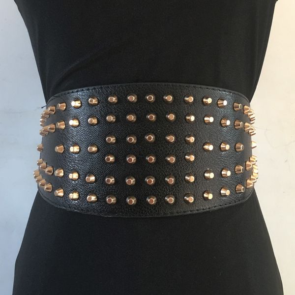 

wholesale- women's fashion gold punk rivet wide belt black corset waist belt faux leather retro design girdle clothes accessory, Black;brown