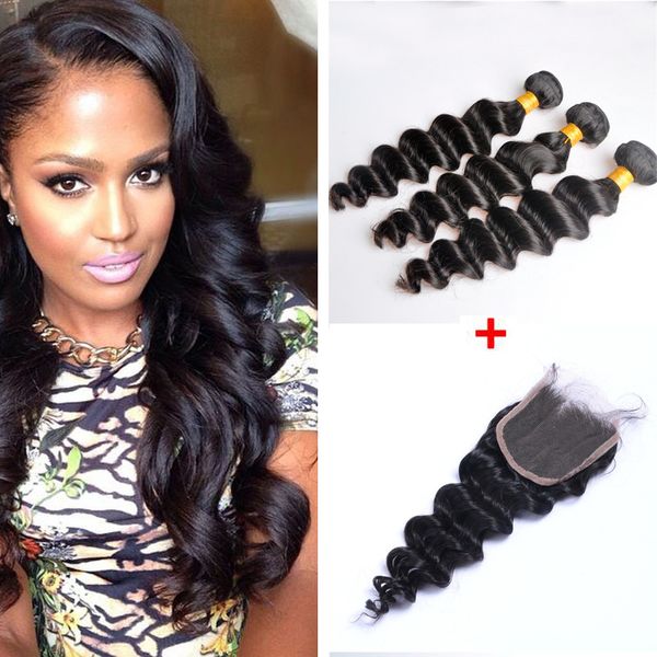

brazilian loose deep wave human virgin hair weaves with 4x4 lace closure bleached knots 100g/pc natural color double wefts hair extensions, Black;brown