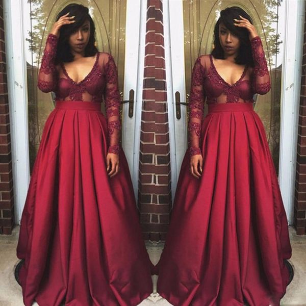 

burgundy lace see through prom dresses 2017 v neck sheer long sleeves satin a line evening gowns black girl cocktail party dress