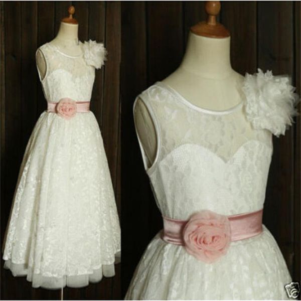 

new real flower girl dresses high neck v-back party pageant communion dress for wedding little girls kids/children dress, White;blue
