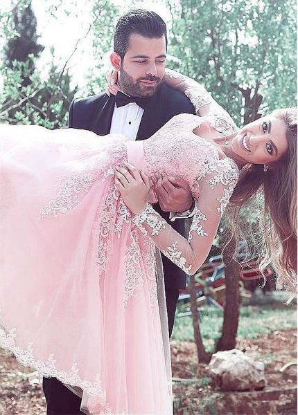 

long sleeve short pink wedding dresses matched sash sweetheart a-line tea length vintage style lace bridal gowns vestido de noiva new w868, White
