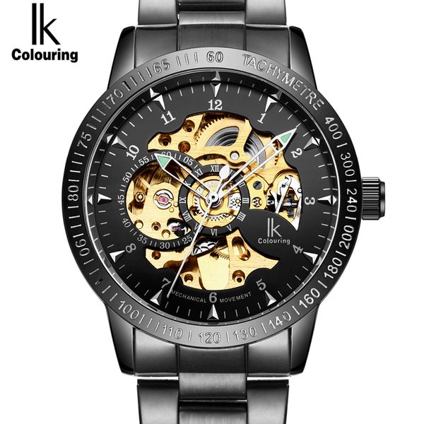 

wholesale- ik golden black luxury watch mens automatic skeleton mechanical wristwatches fashion casual stainless steel relogio masculino, Slivery;brown