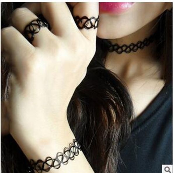 

3pcs/lot handmade vintage outus flower choker necklace set stretch velvet classic gothic tattoo lace choker necklaces rings, bracelets, Golden;silver