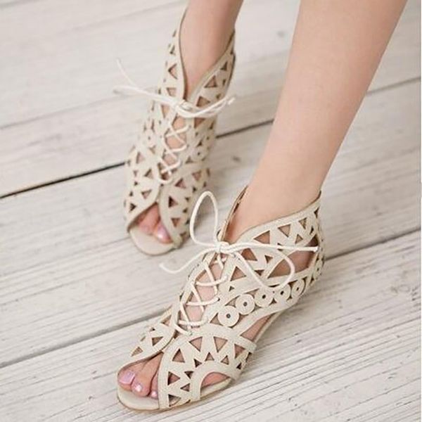 

big size 34-43 fashion cutouts lace up women sandals open toe low wedges bohemian summer shoes beach shoes women aa516, Black