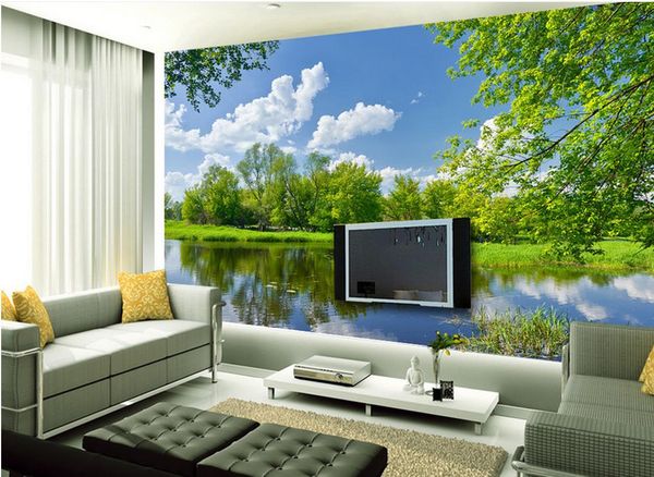 

beautiful blue sky green woods river reflection television background wallpaper for walls 3 d for living room