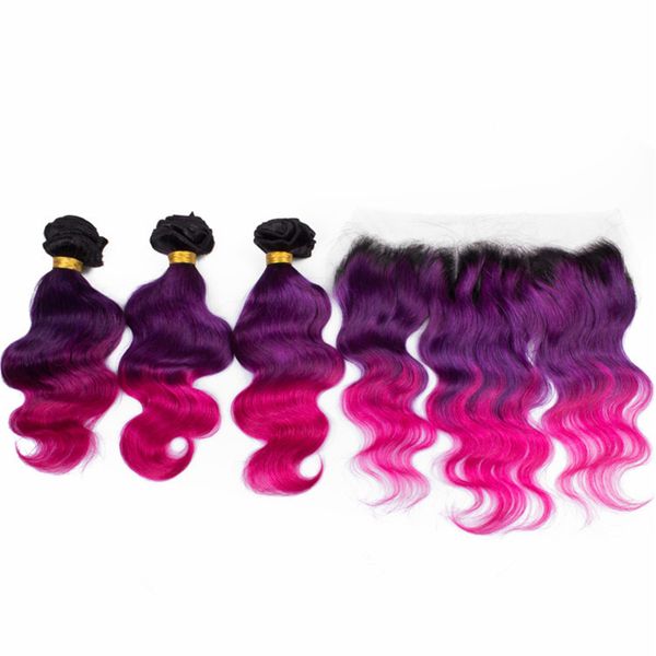 2019 Malaysian Ombre Hair Bundles With Lace Frontal Closure 1b Purple Pink Ombre Hair With Lace Frontal Dark Roots Purple Pink Ombre Hair Frontal From