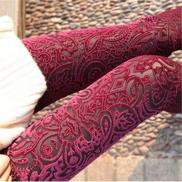 Wholesale- 2016 New Casual Fashion Women Leggings Pants Sexy Vintage Skinny Floral Lace Velvet See Through Elastic Stretch Pantaloni a vita alta