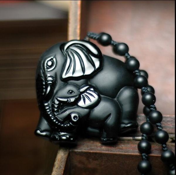 

chinese handwork natural black obsidian carved mother baby cute elephant amulet lucky pendant necklace fashion jewelry, Silver