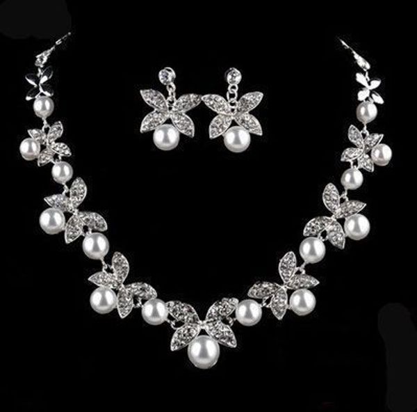

bride wedding jewelry sets pearl diamond two-piece wedding accessories women bridal necklace earrings jewelry set new fashion 2017, Slivery;golden