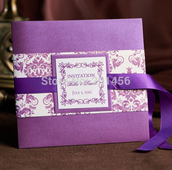 

wholesale- custom handmade wedding invitations purple wedding cards for bridal shower engagement invitations with ribbon envelope