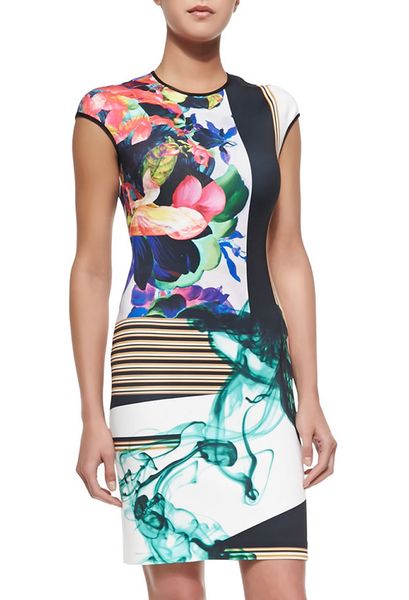 

multicolor print women sheath dress cap-sleeve dresses 06k521, Black;gray