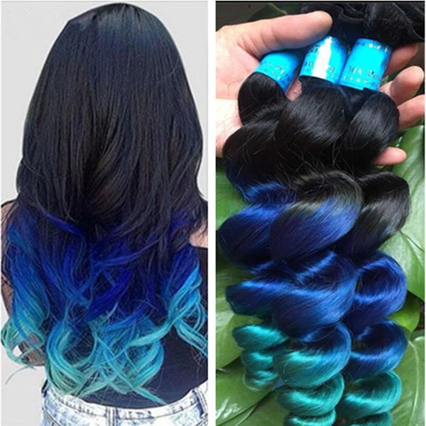 

new arrive ombre loose wave hair extensions 3pcs lot three tone 1b blue green ombre brazilian wavy human hair weave bundles, Black;brown