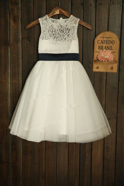 

tulle a line flower girls' dress latest design lace real picture sash princess bow wedding party gowns floor length cute sale fashion, White;blue