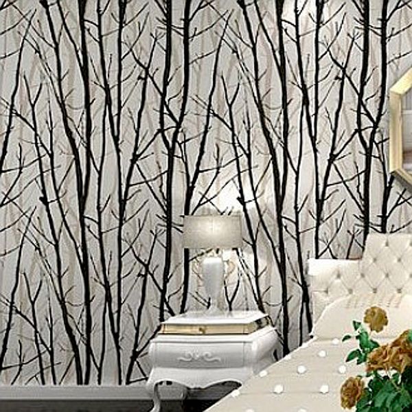 

black white birch tree roll branches embossed wallpaper dine room,hallway,bath room wall paper mural art deco wallcovering 10m