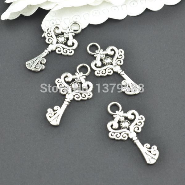 

wholesale-100pcs/lot antique metal tibetan silver charms vintage keys pendants for diy necklace jewelry making 33*18mm z4973, Bronze;silver