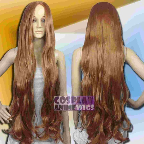 

100 cm light brown heat styleable no bang long wavy cosplay wigs g_llb, Golden;white