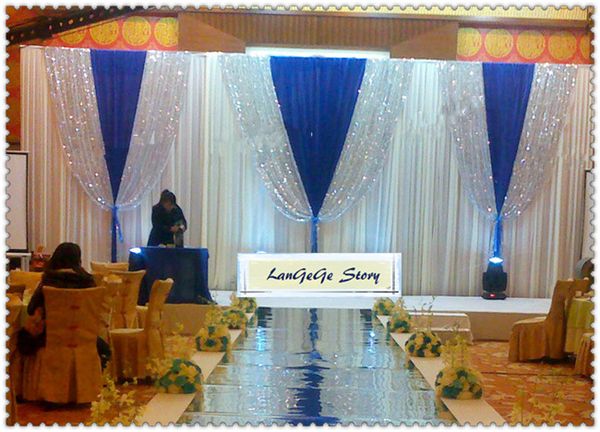 White Wedding Backdrops With Royal Blue Silver Sequin Fabric Ice