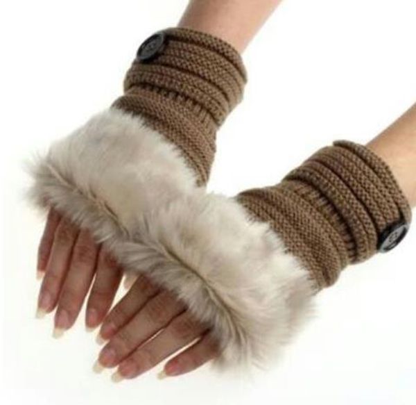 

Кнопка перчатки девушки женщин Вязаные Искусственного меха кролика митенки зимы
