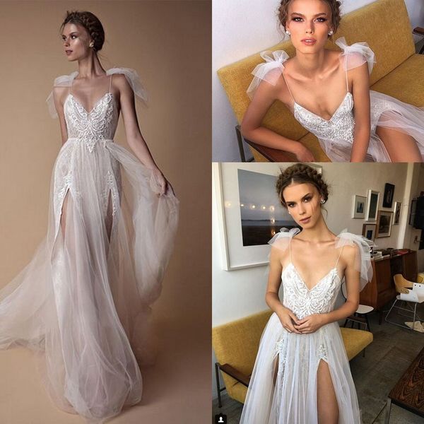 

2018 elegant lace tulle beach berta wedding dresses 3d floral spaghetti full length beach garden holiday bridal wedding party gowns, White