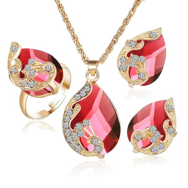 

austria zircon crystal alloy rings earrings & necklace set peacock drop shape pendant earrings jewelry sets women's wedding dinner jewelry