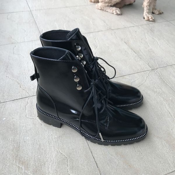 

2016 new italian style women boots genuine leather round toe women motorcycle boots lace up shoes women zapatos mujer, Black