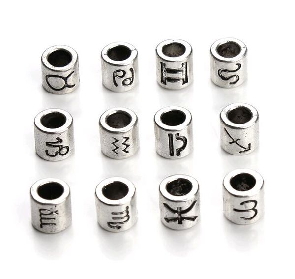 

60pcs/lot Large Hole Antique Silver Necklace Beads Spacer fit Bracelets Zodiac Star Signs Barrel Charm Beads Supplies for diy Jewelry Making