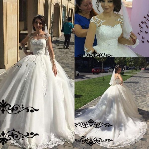 

robe de marriage illusion длинные рукава свадебные платья бальное платье аппликации платья-шеи с скользящим шлейфом, White