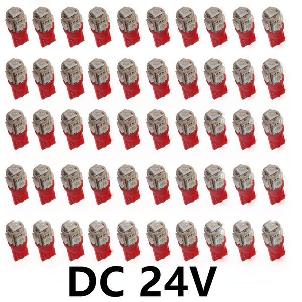 

50pcs/pack 24v car red t10 led w5w 5smd wedge interior bulb light 194 168 2825 side backup fog plate license brake dome tail plate bulbs