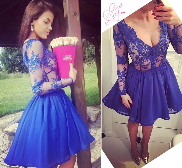 

royal blue short prom dresses v neck illusion long sleeves appliques lace chiffon short homecoming dresses cocktail party dresses, Black