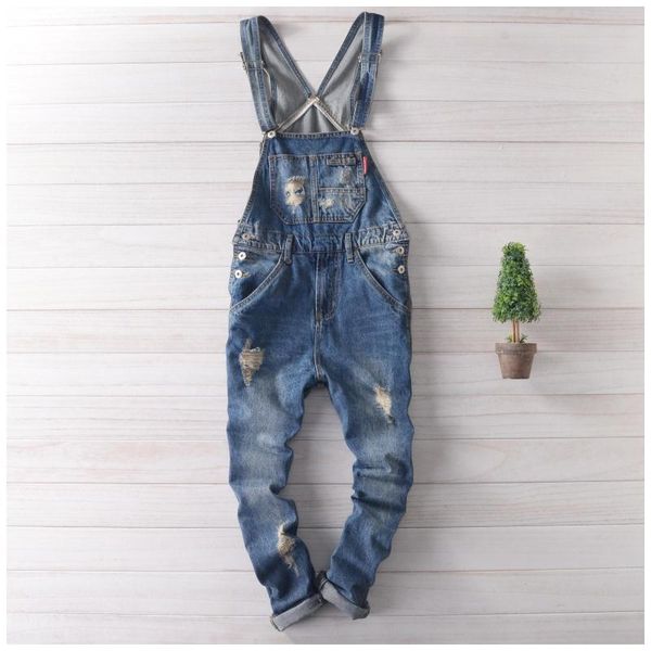 

wholesale-japan fashion blue denim overalls men bib overalls hip hop mens jeans suspender pants salopette homme xxl