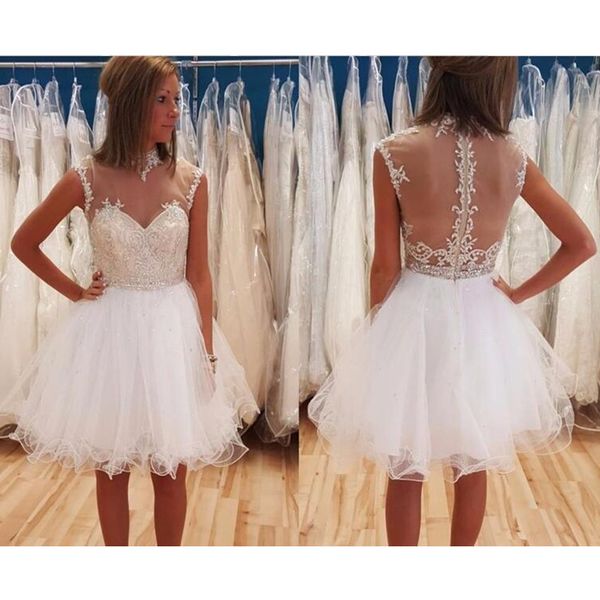 

high neck transparent homecoming dresses beads appliques tulle girls short prom dress party gown vestido curto custom size, Blue;pink