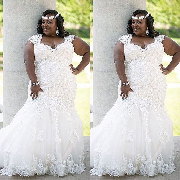 

stunning summer lace wedding dress plus size country style elegant mermaid bridal gowns appliques tulle dress for curvy brides, White