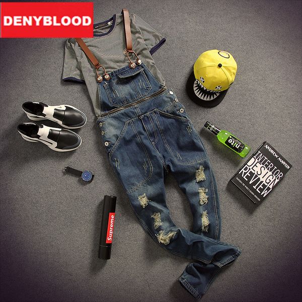 

wholesale-mens distressed jeans ripped jumpsuit denim overalls men baggy cargo pants with suspenders denim bib overalls for men k121, Blue