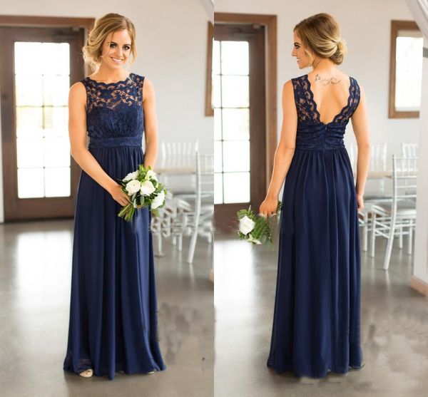 

2017 Navy Blue Lace Bridesmaid Dresses for Country Wedding A-Line Jewel Long Chiffon Bohemian Summer Beach Wedding Party Evening Dresses
