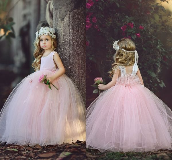 Principessa rosa Bambine Abiti da ragazza di fiori Scollo quadrato Abito da ballo Tulle Abito da prima comunione per matrimoni Indietro in pizzo economico con fascia