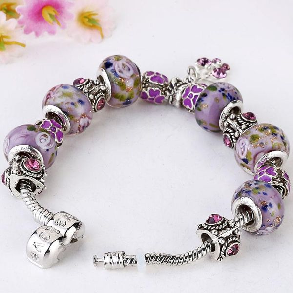 

new charm beading european p bracelets pan style silver charm bracelet with purple elegant crystal european charms fashion jewelry, Golden;silver