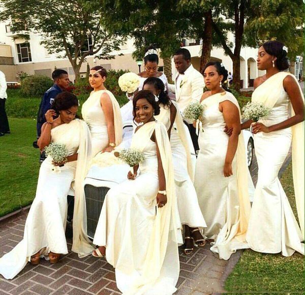 2017 Vintage African One Shoulder Mermaid Brautjungfernkleider mit Cape Elegante Trauzeugin-Kleider Maßgeschneiderte Hochzeitsfeier-Gäste tragen