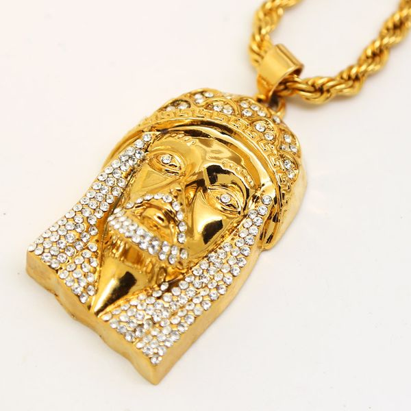 

Wholesale-18K Gold Plated JESUS Christ Piece Head Face Hip Hop Pendant Necklace Charm Chain For Men and Women Trendy Holiday Accessories