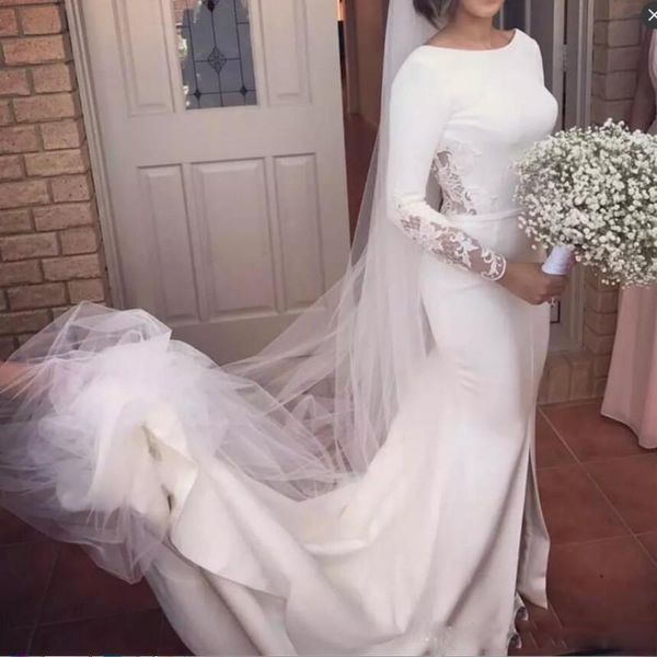 

simple design wedding dresses 2018 backless mermaid long sleeves bridal gowns lace hollow sweep train wedding dress, White