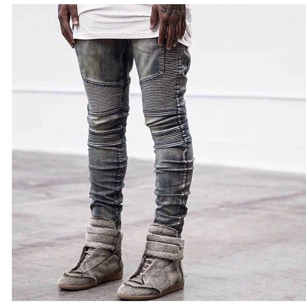 

wholesale- ripped denim blue destroyed men hip hop biker jeans thick slim fit skinny kanye west brand clothing pant skate swag
