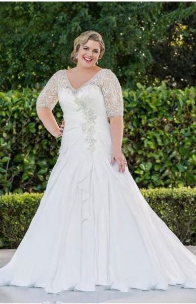 

plus size chiffon wedding dresses with half sleeve a-line applique beaded ruffled v-neck winter style bridal gowns vestidos de noiva w607, White
