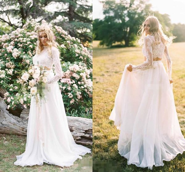 

романтический две пьесы boho пляж свадебные платья кружева длинные рукава высокого шеи шифон свадебное платье линия платье-де-novia сшитое, White