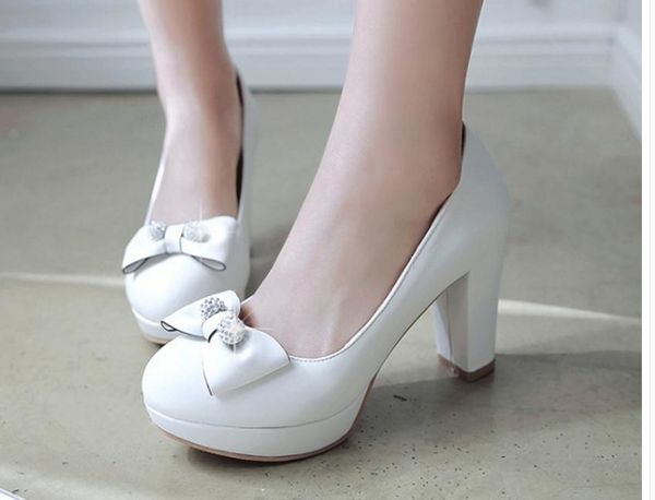 

spring, summer, new sweet bowknot heels thick with waterproof taiwan round head light mouth women's shoes princess shoes, Black